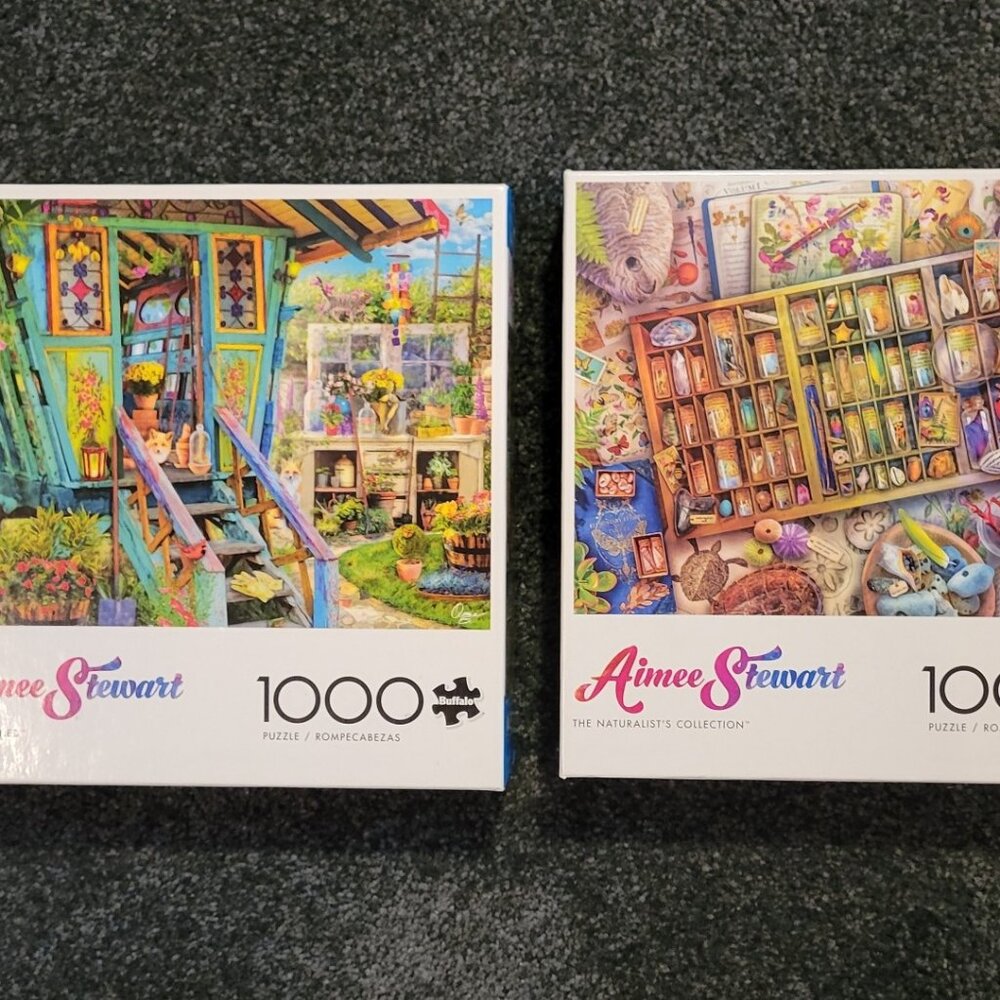 2 Aimee Stewart 1000pc jigsaw puzzles Naturalist's Collection & Potting Shed